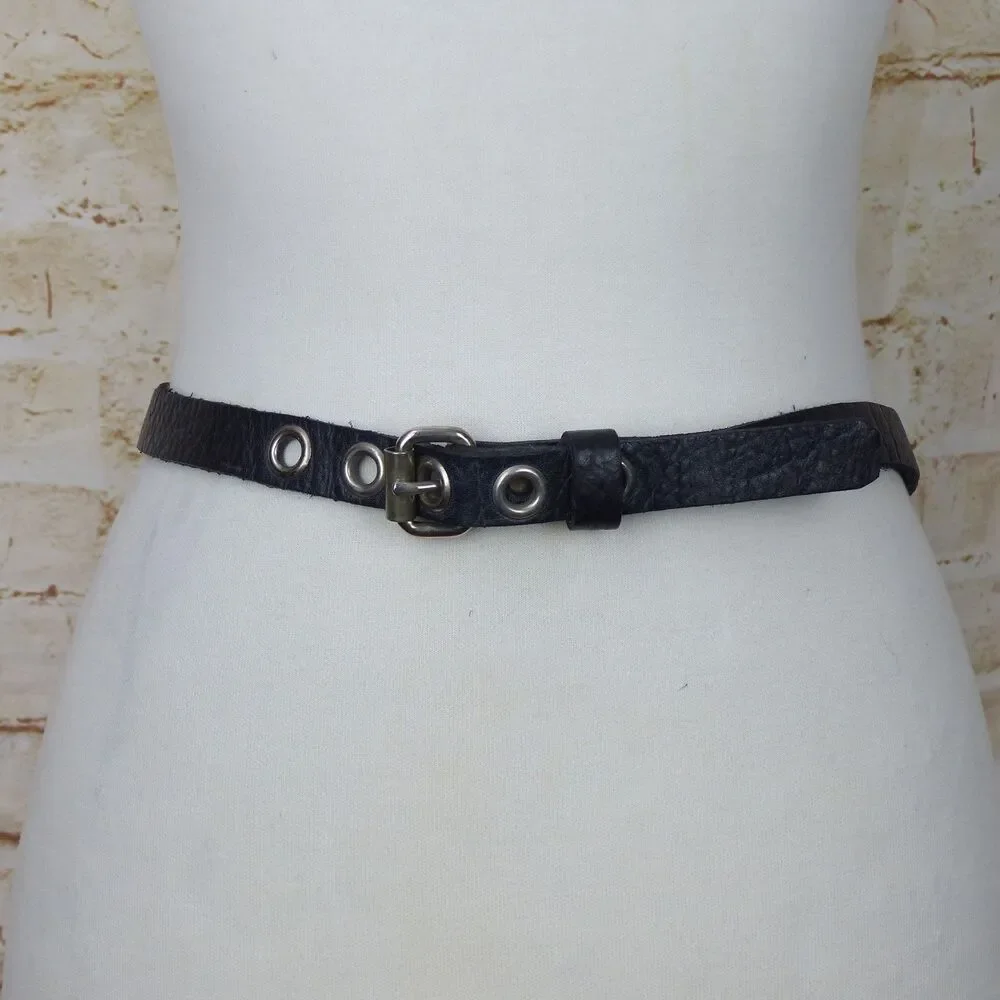 Black Pebbled Genuine Leather Grommet Belt Size 34 Narrow Punk Goth Y2K Rock Emo